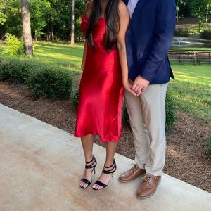 bebe Red Satin Midi Slip Dress